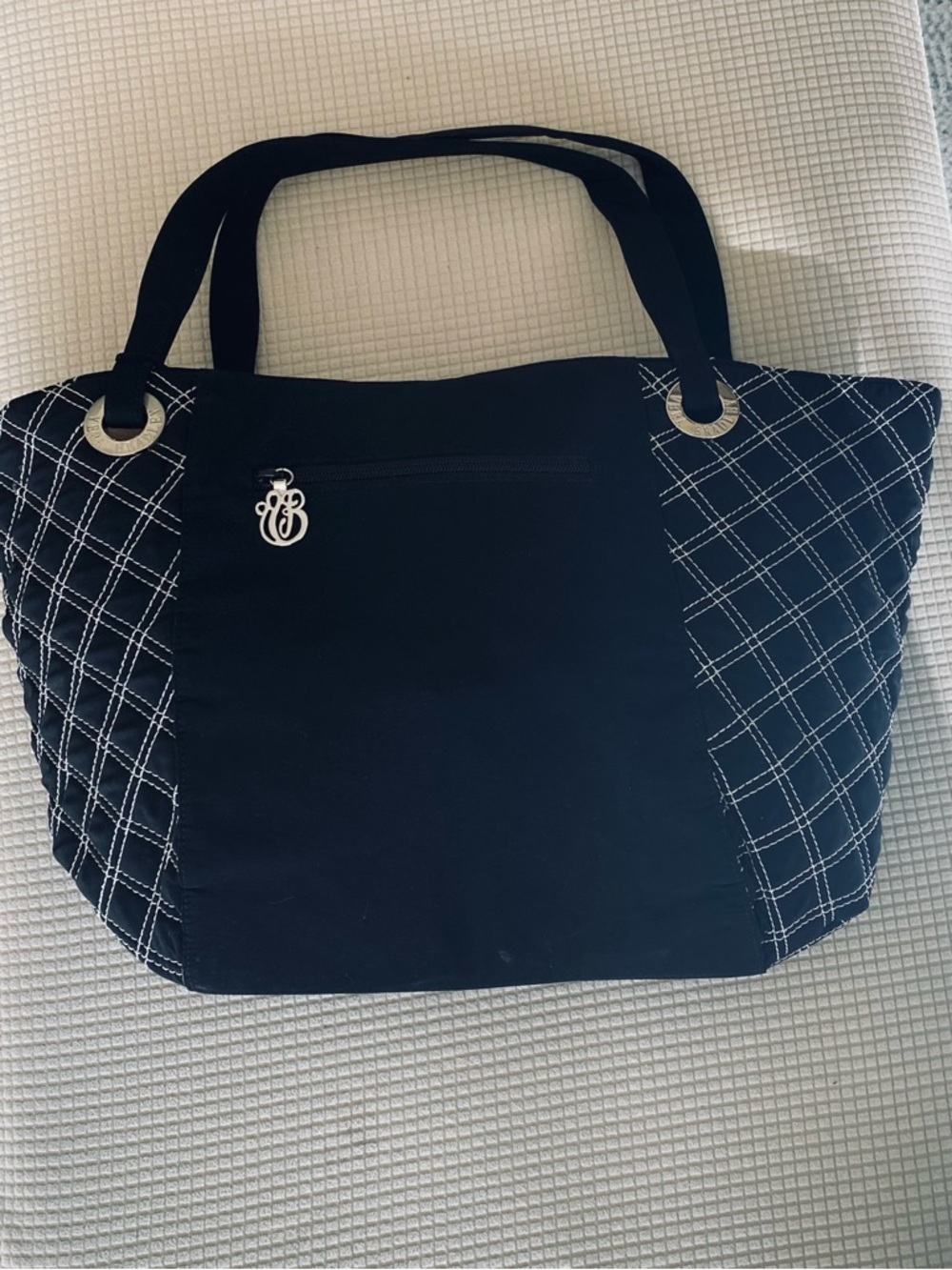 Vera Bradley Black Quilted-Trim Tote with Silver Charm